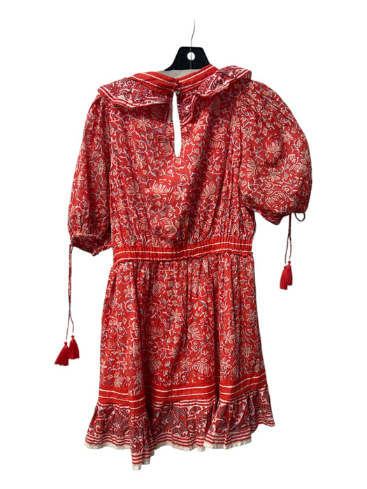 Cleobella Size S Red & Multi Organic Cotton V Neck Short Puff Sleeve Lined Dress Red & Multi / S