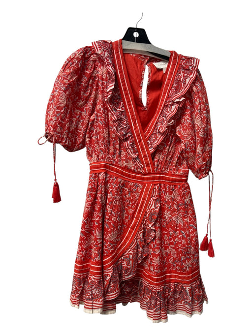 Cleobella Size S Red & Multi Organic Cotton V Neck Short Puff Sleeve Lined Dress Red & Multi / S