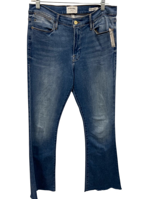 Frame Size 32 Light Wash Cotton Denim High Rise Whiskering Raw Hem Flare Jeans Light Wash / 32