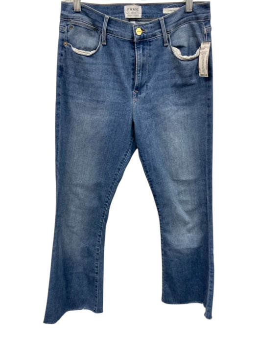 Frame Size 31 Light Wash Cotton Denim High Rise Whiskering Raw Hem Flare Jeans Light Wash / 31