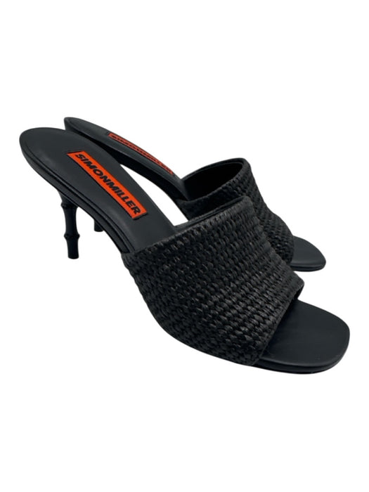Simon Miller Shoe Size 39 Black Leather & Raffia Square Toe Bamboo Heel Sandals Black / 39