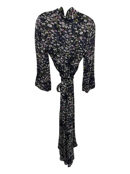 Ganni Size 36 Navy, Green & Gray Viscose Long Sleeve Floral Wrap Midi Dress Navy, Green & Gray / 36