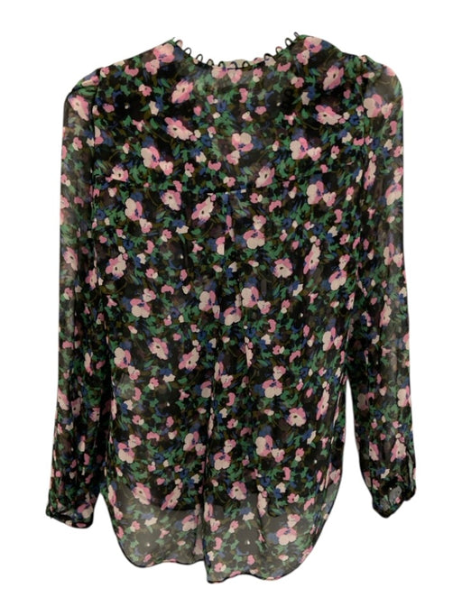 Veronica Beard Size 2 Black, Pink & Green Silk Floral Semi Sheer V Neck Top Black, Pink & Green / 2