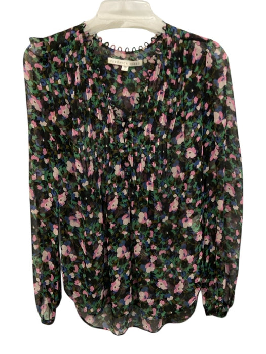 Veronica Beard Size 2 Black, Pink & Green Silk Floral Semi Sheer V Neck Top Black, Pink & Green / 2