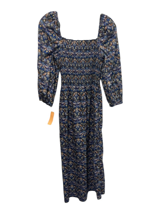 Ann Mashburn Size S Blue, Red, Brown Cotton Shirred Floral Midi Dress Blue, Red, Brown / S
