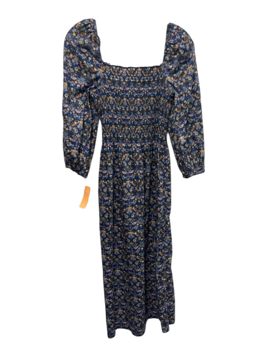 Ann Mashburn Size S Blue, Red, Brown Cotton Shirred Floral Midi Dress Blue, Red, Brown / S