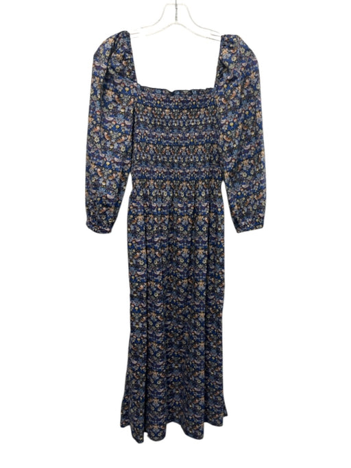 Ann Mashburn Size S Blue, Red, Brown Cotton Shirred Floral Midi Dress Blue, Red, Brown / S