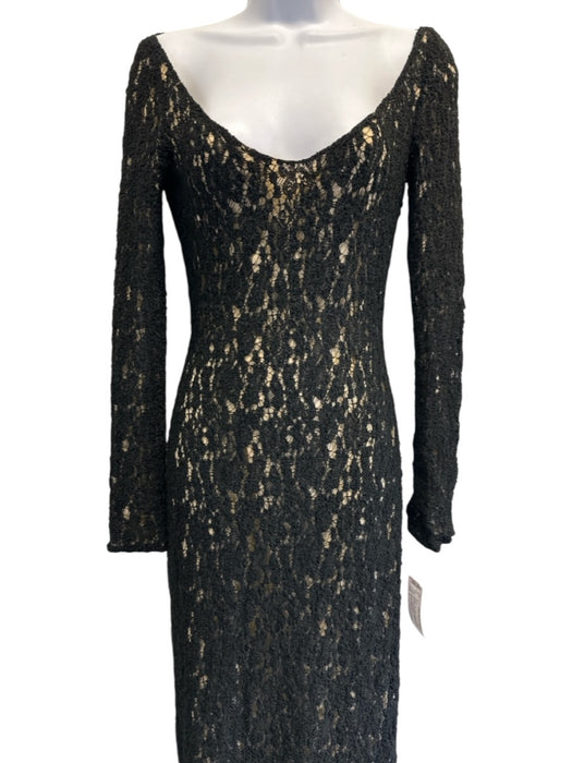Richard Tyler Size 6 Black & Beige Viscose Blend Lace Overlay Scoop Neck Dress Black & Beige / 6