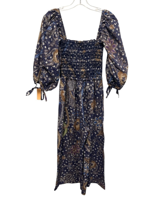 Cara Cara Size XS Blue, Tan, Green Cotton Shirred Abstract Floral Wide Leg Dress Blue, Tan, Green / XS