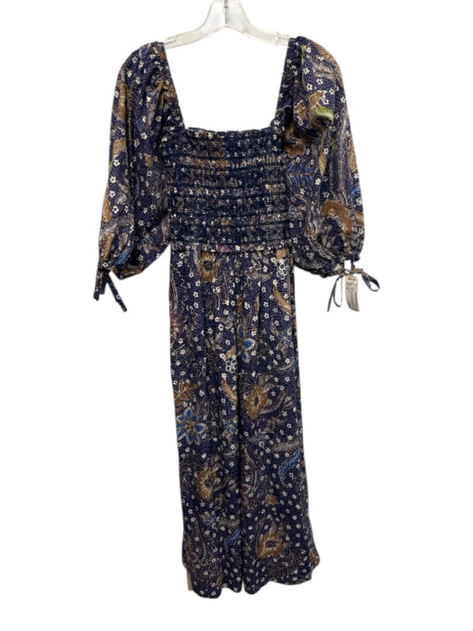 Cara Cara Size XS Blue, Tan, Green Cotton Shirred Abstract Floral Wide Leg Dress Blue, Tan, Green / XS