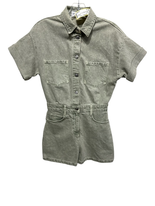 Zara Size XS Sage green Cotton Denim Short Sleeve Button Front Cargo Romper Sage green / XS