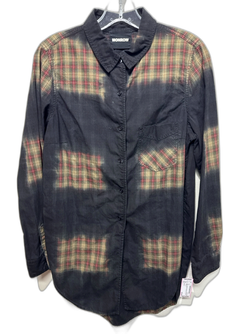 Monrow Size L Black & Multi Print Cotton Plaid Ombre Button up Top Black & Multi Print / L