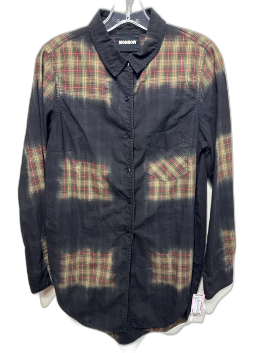 Monrow Size L Black & Multi Print Cotton Plaid Ombre Button up Top Black & Multi Print / L