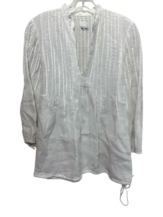 120% Lino Size 40 White Linen Pintuck Pleats 3/4 Balloon Sleeve V Neck Top White / 40