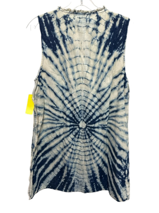 Raquel Allegra Size Est M Cream & Navy Blue Cotton Blend Tie Dye V Neck Dress Cream & Navy Blue / Est M