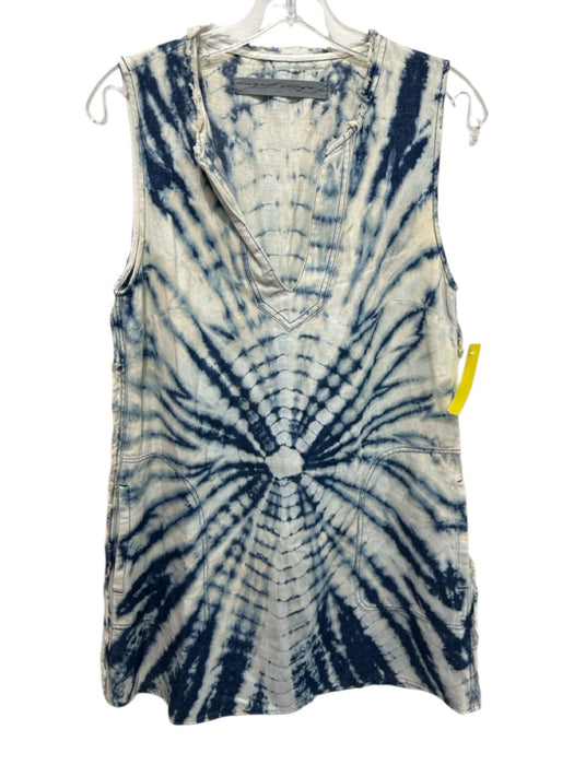 Raquel Allegra Size Est M Cream & Navy Blue Cotton Blend Tie Dye V Neck Dress Cream & Navy Blue / Est M