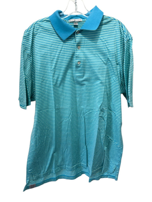 Peter Millar Size L Blue & Green Cotton Striped Polo Men's Short Sleeve Blue & Green / L