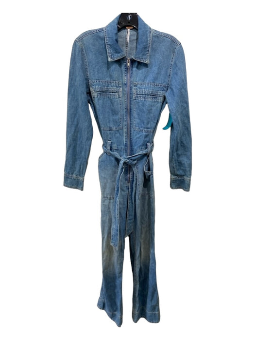 Free People Size 0 Med Wash Cotton Denim Long Sleeve Pockets Sash Jumpsuit Med Wash / 0