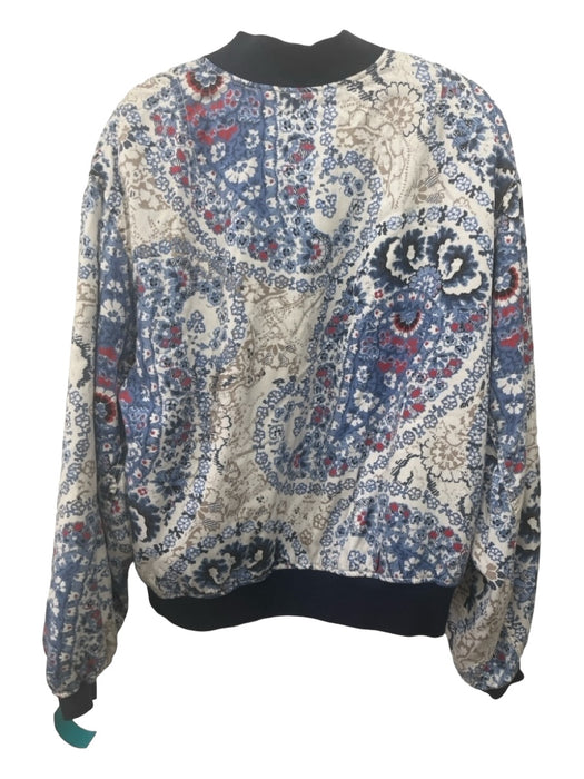 Free People Size M White Blue Red Tencel Paisley Zip Front Bomber Jacket White Blue Red / M