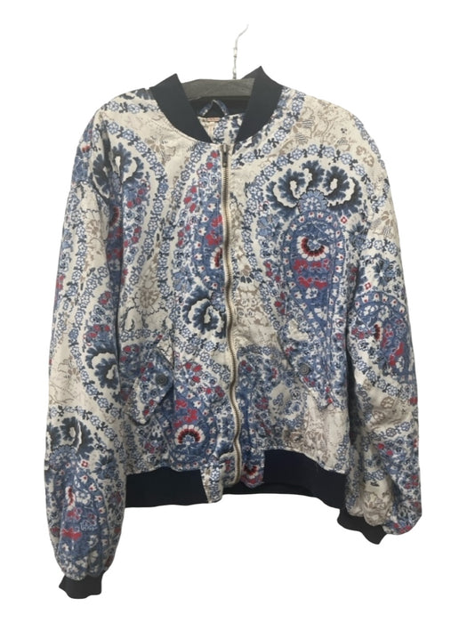 Free People Size M White Blue Red Tencel Paisley Zip Front Bomber Jacket White Blue Red / M