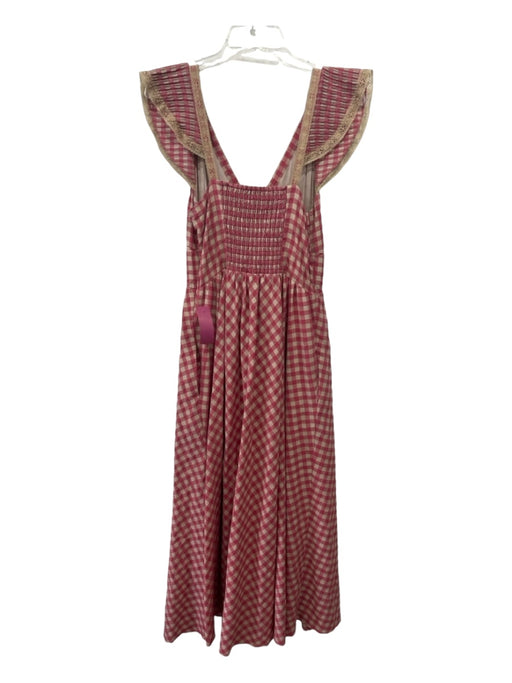 Find Me Now Size M Pink & Beige Cotton Checkered V Neck Cap Sleeve Midi Dress Pink & Beige / M