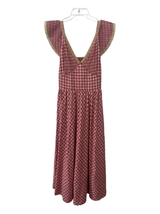 Find Me Now Size M Pink & Beige Cotton Checkered V Neck Cap Sleeve Midi Dress Pink & Beige / M