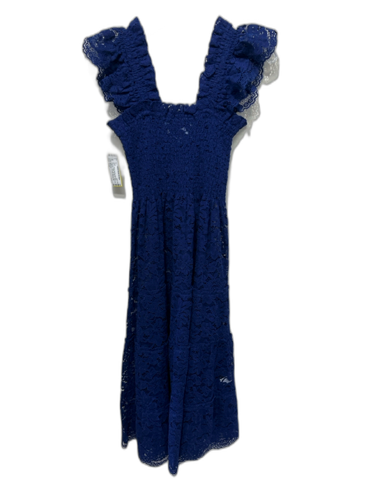 Hill House Size XXS Navy Blue Polyester Ruffle Cap Sleeve Floral Lace Midi Dress Navy Blue / XXS