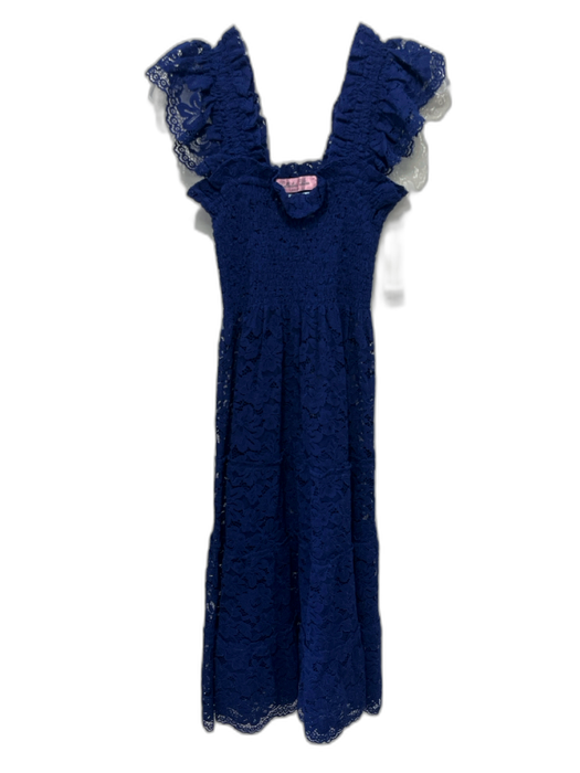 Hill House Size XXS Navy Blue Polyester Ruffle Cap Sleeve Floral Lace Midi Dress Navy Blue / XXS