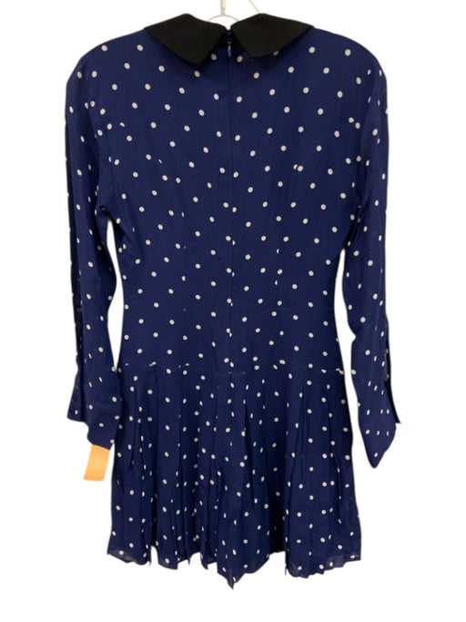 Reformation Size 0 Navy Viscose Polka Dots Shawl Collar Pleated Skirt Mini Dress Navy / 0