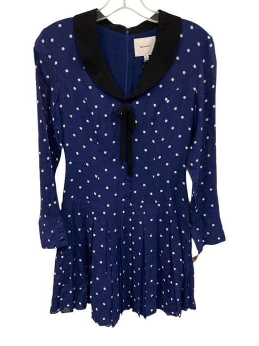 Reformation Size 0 Navy Viscose Polka Dots Shawl Collar Pleated Skirt Mini Dress Navy / 0