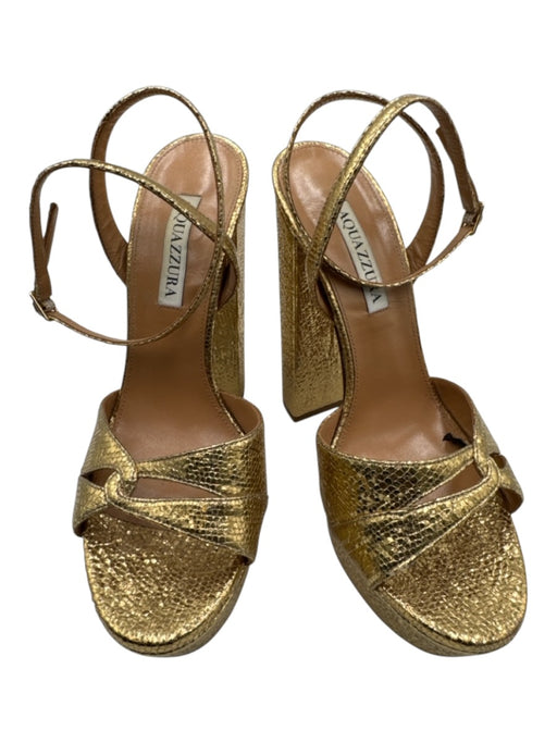 Aquazzura Shoe Size 38 Gold Leather Metallic Ankle Buckle Platform Sandals Gold / 38