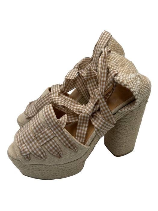 Castaner Shoe Size 38 Creme & Tan Canvas Gingham Block Heel Open Toe Shoes Creme & Tan / 38