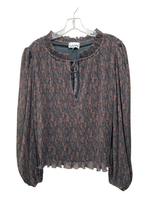 Ganni Size 34 Green & Brown Polyester Pleated Ruffle mock neck Long Sleeve Top Green & Brown / 34
