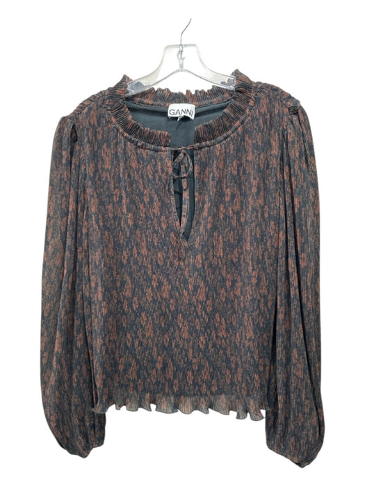 Ganni Size 34 Green & Brown Polyester Pleated Ruffle mock neck Long Sleeve Top Green & Brown / 34
