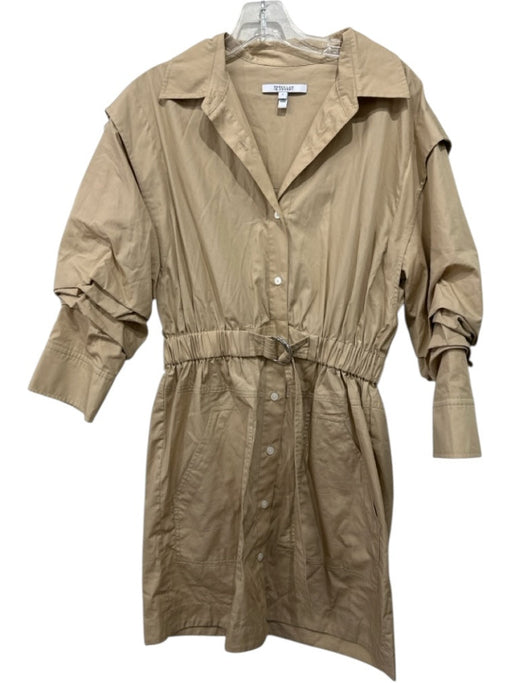 Derek Lam 10 Crosby Size 4 Khaki Beige Cotton Long Gathered Sleeve Buttons Dress Khaki Beige / 4