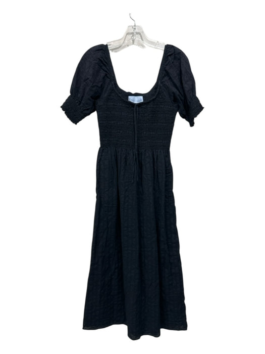 Hill House Size S Black Cotton Short Sleeve Smocked Bodice Textured Midi Dress Black / S