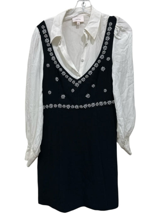 5a7 Cinq a Sept Size 4 Black & White Silk Long Sleeve Layered Bedazzled Dress Black & White / 4