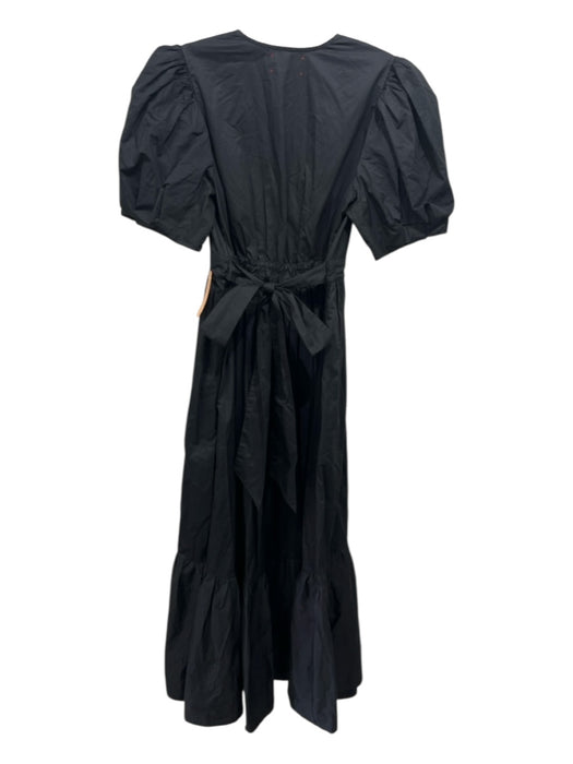 XiRENA Size S Black Cotton Short Puff Sleeve V Neck Back Tie Pockets Dress Black / S