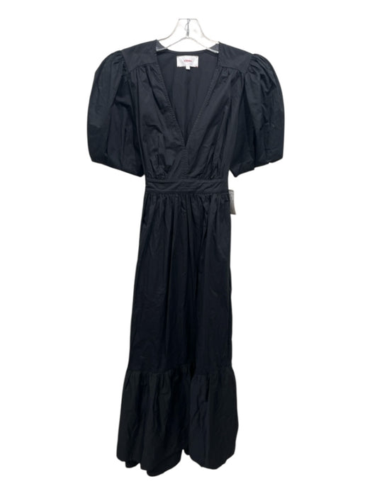 XiRENA Size S Black Cotton Short Puff Sleeve V Neck Back Tie Pockets Dress Black / S