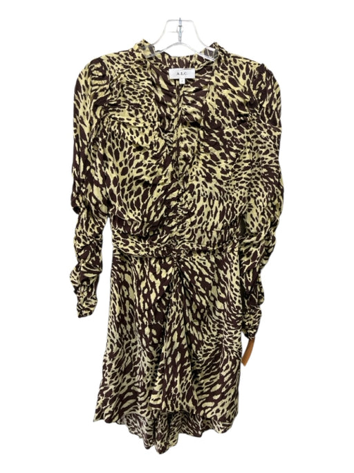 A.L.C. Size 5 Yellow & Brown Silk Long puff sleeve Abstract Print Mini Dress Yellow & Brown / 5