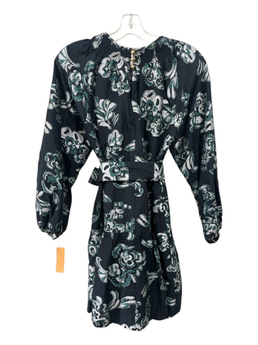 Tanya Taylor Size S Dark Green & White Cotton & Silk Long Sleeve Mini Dress Dark Green & White / S