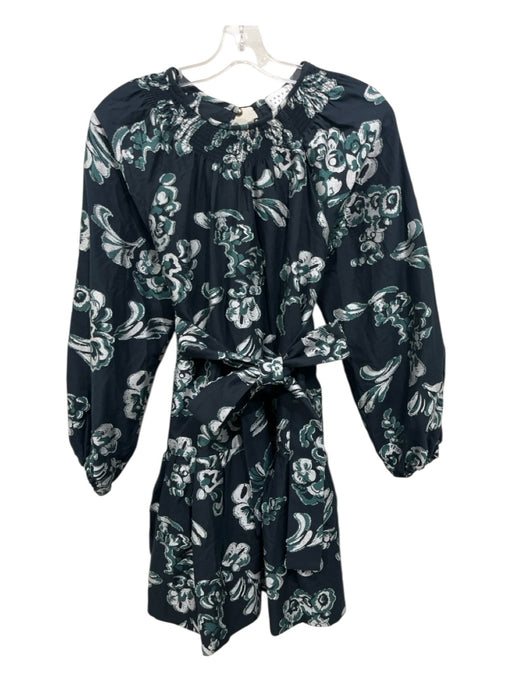 Tanya Taylor Size S Dark Green & White Cotton & Silk Long Sleeve Mini Dress Dark Green & White / S