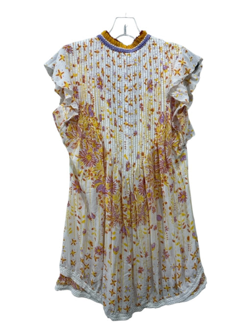 Poupette St. Barth Size XS Cream & Multi Viscose Mini V Neck Floral Dress Cream & Multi / XS