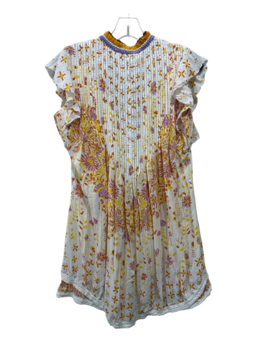 Poupette St. Barth Size XS Cream & Multi Viscose Mini V Neck Floral Dress Cream & Multi / XS