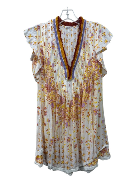 Poupette St. Barth Size XS Cream & Multi Viscose Mini V Neck Floral Dress Cream & Multi / XS