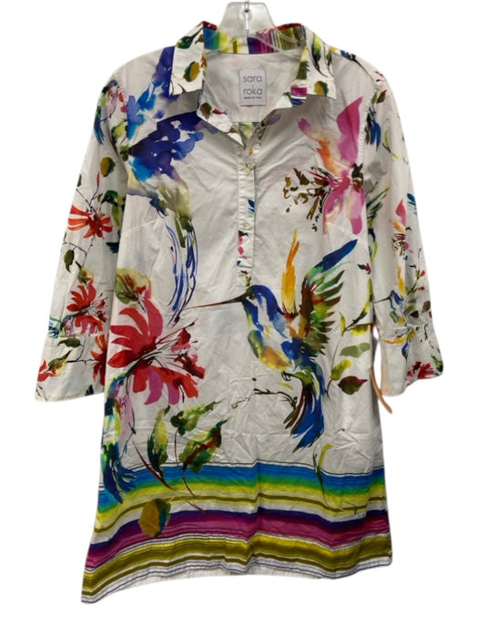 Sara Roka Size 40 White & Multi Cotton Pockets Watercolor Floral Dress White & Multi / 40