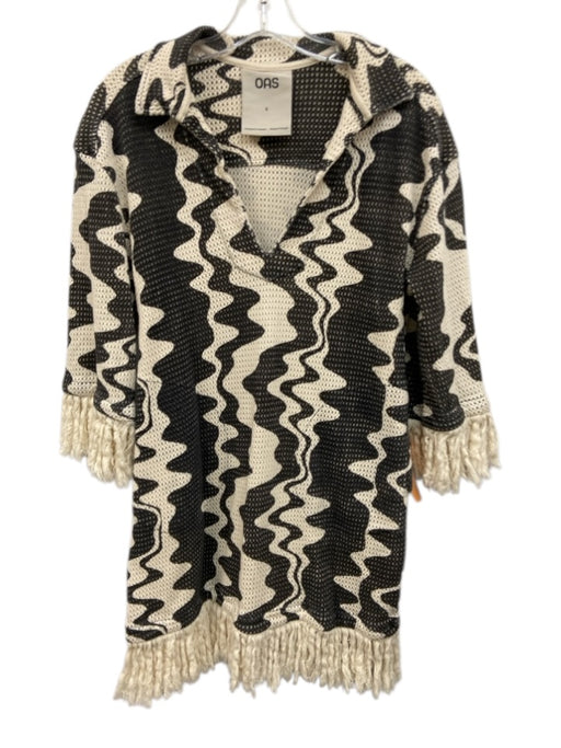 Oas Size S Black & Cream Cotton Collared Pockets Fringe Dress Black & Cream / S