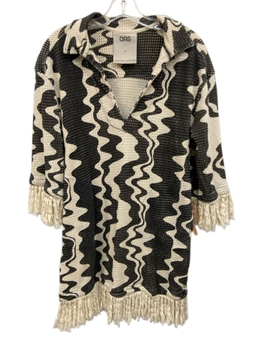 Oas Size S Black & Cream Cotton Collared Pockets Fringe Dress Black & Cream / S