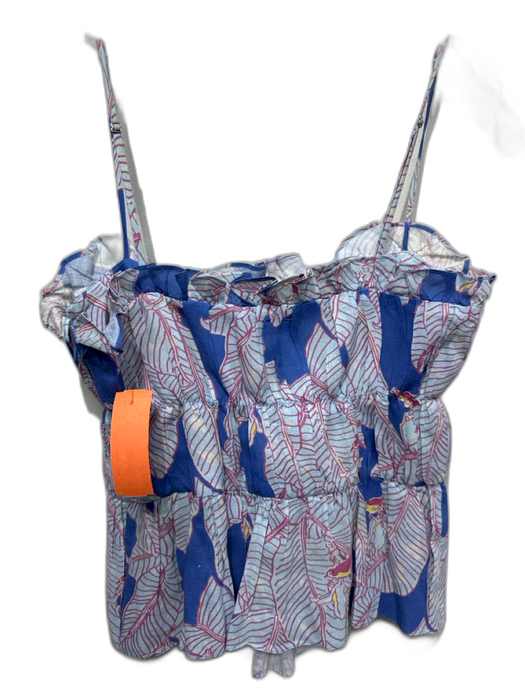 Coco Shop Size S Blue & Pink Linen Block Printed Leaves Spaghetti Strap Top Blue & Pink / S