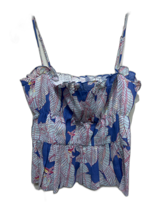 Coco Shop Size S Blue & Pink Linen Block Printed Leaves Spaghetti Strap Top Blue & Pink / S